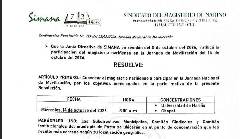 Detalle de la resolución de SIMANA sobre la movilización en Pasto del 14 de octubre de 2026, con horario de las 8:00 a. m. para el magisterio.